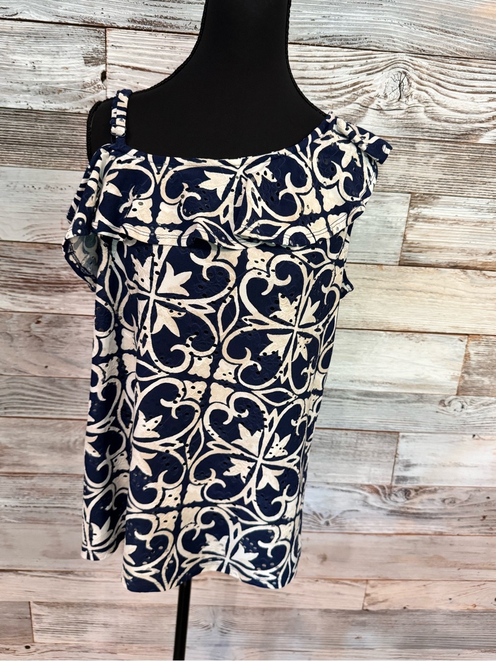 Cato Navy and Cream Printed Ruffle-Trim Camisole Blouse with Adjustable Strap